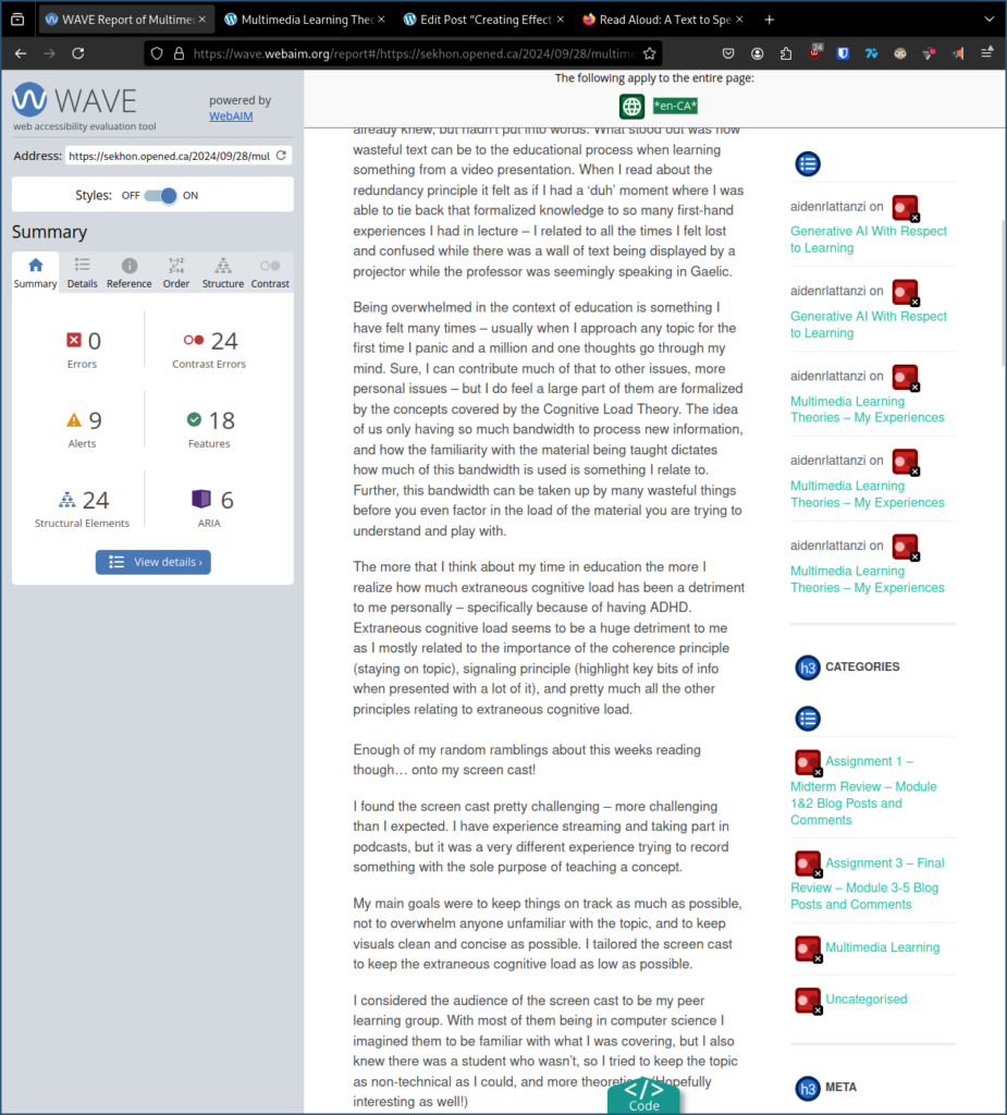 ALT TEXT - Figure 1 shows no errors or alerts given by WAVE on the body of the blogpost, but there being a large variety of issues with menus on the website - issues with contrast, structure, and design.